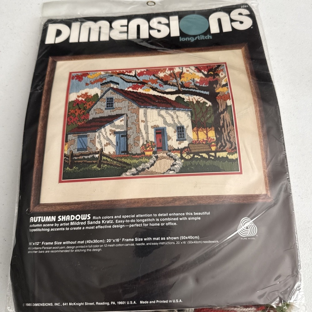 VINTAGE 1985 Dimensions #2281 Autumn Shadows Farmhouse Longstitch Kit 16" x 12"
